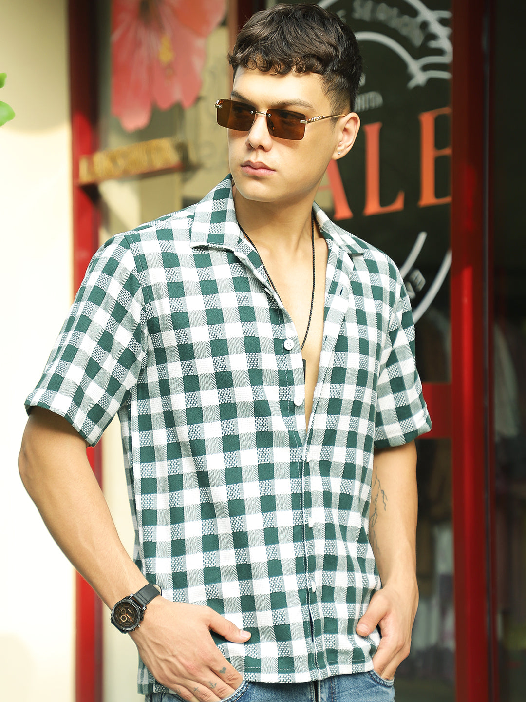 Citrus Dark Green Half Sleeve Check Shirt