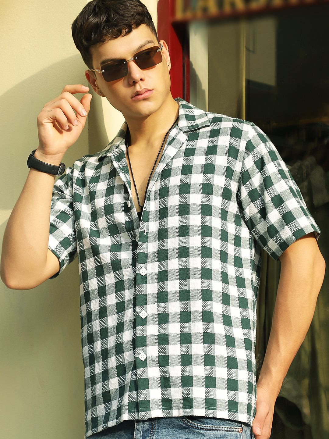 Citrus Dark Green Half Sleeve Check Shirt