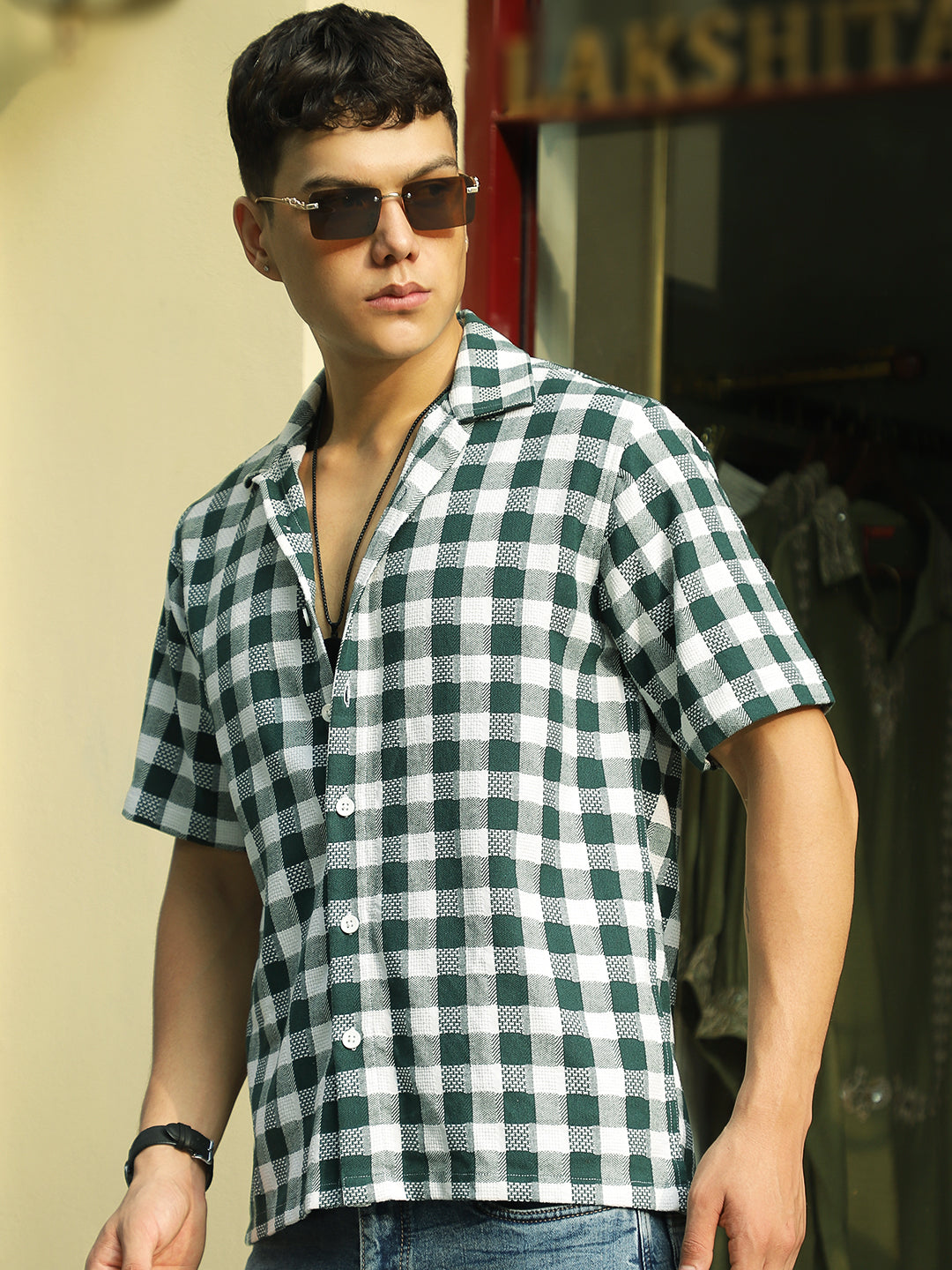 Citrus Dark Green Half Sleeve Check Shirt