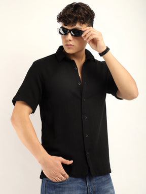 Fabric Carmine Nitid Black Half Sleeve Shirt