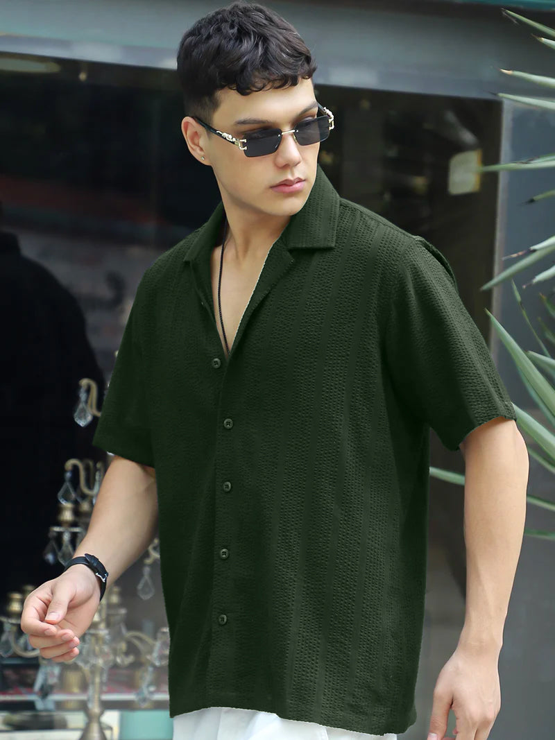 Solven Textured Olive Green Half Sleeve Shirt