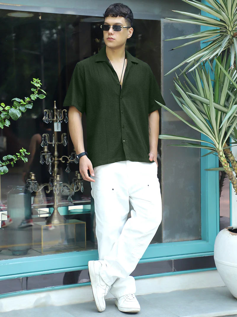 Solven Textured Olive Green Half Sleeve Shirt