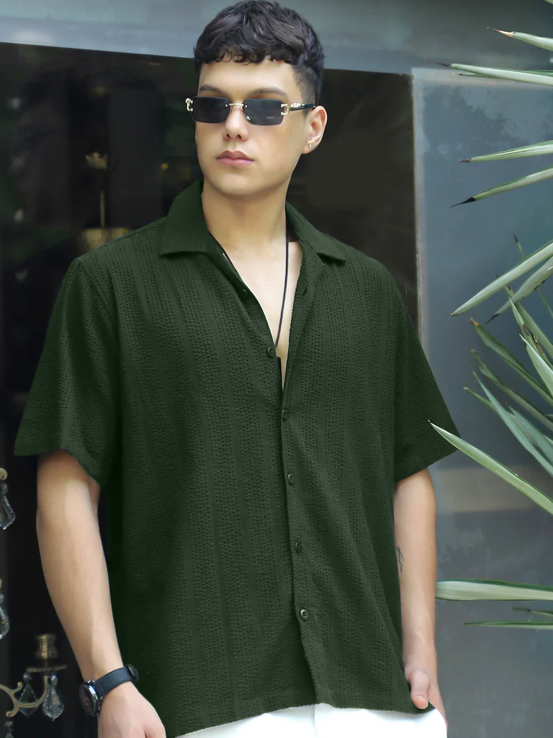 Solven Textured Olive Green Half Sleeve Shirt