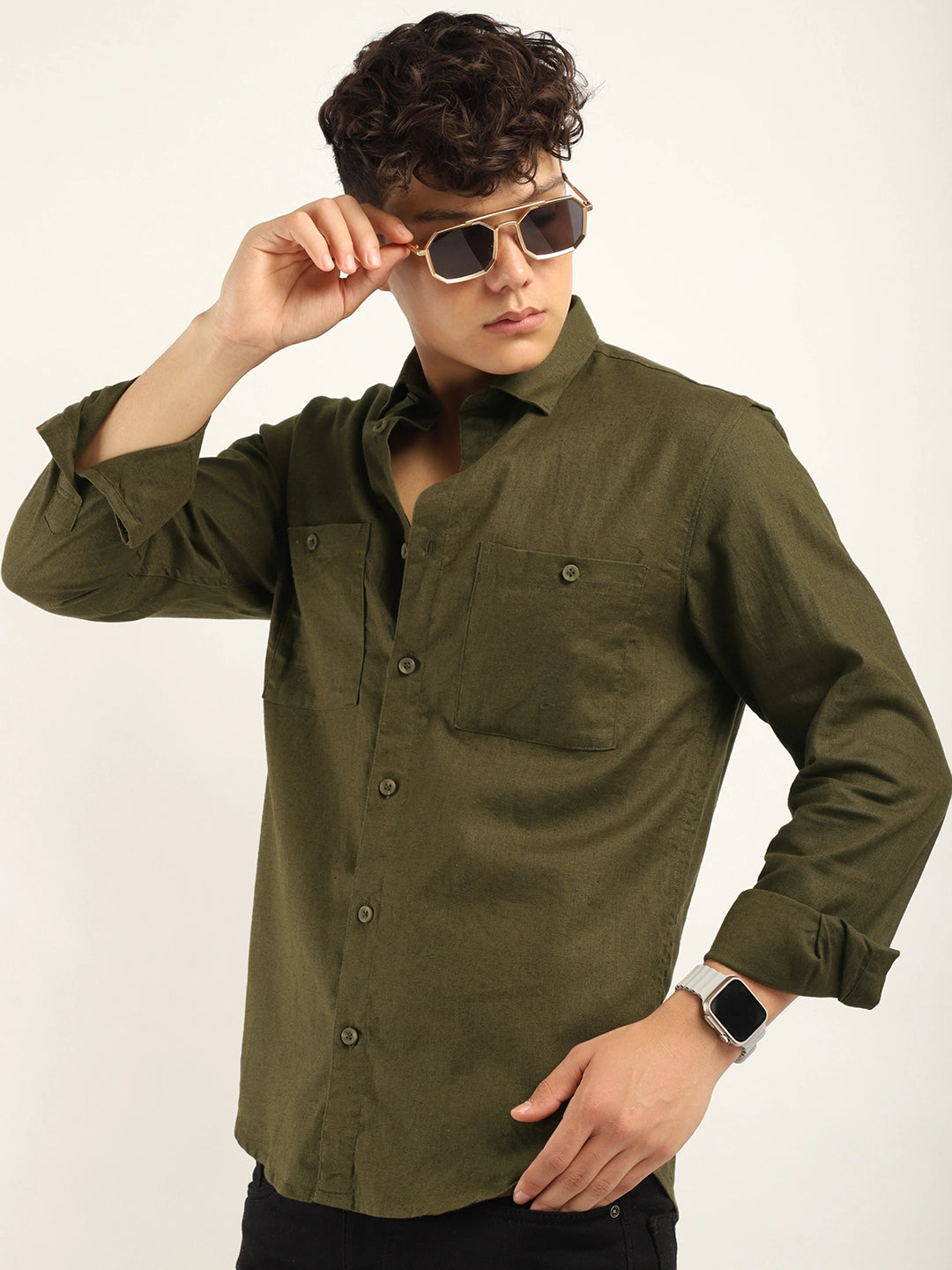 Fabric Maria Linen Olive Full Sleeve Shirt