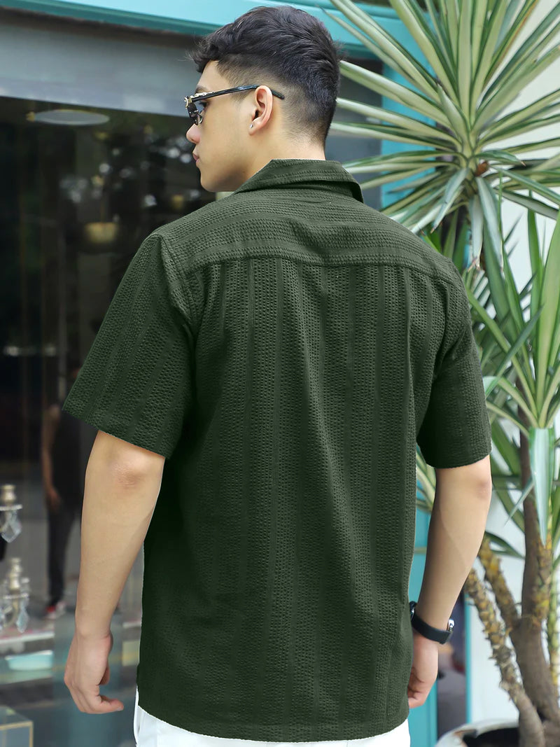Solven Textured Olive Green Half Sleeve Shirt