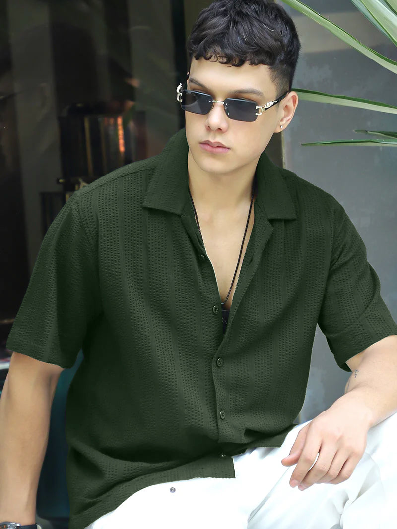 Solven Textured Olive Green Half Sleeve Shirt