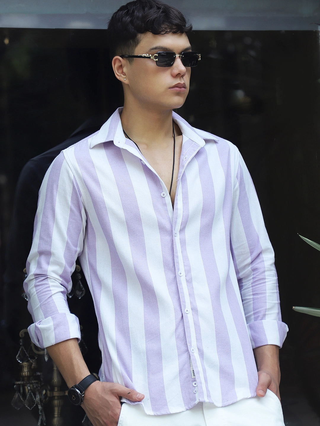 Oaken Espresso Lavender Stripe Linen Shirt