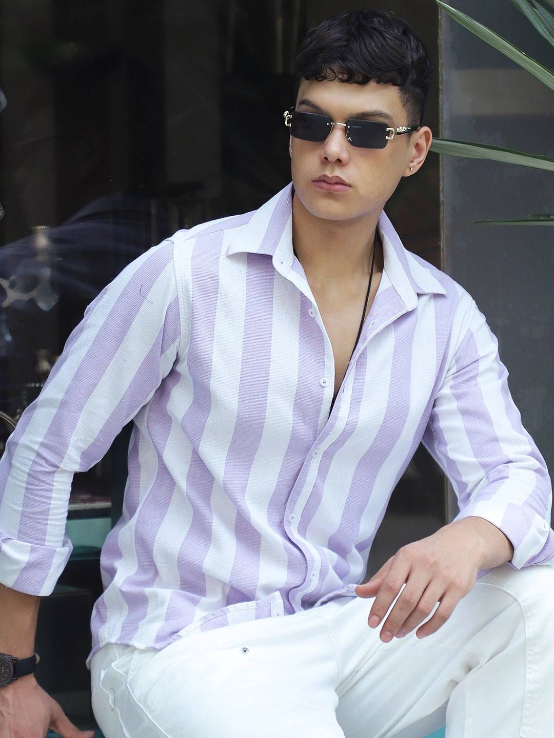 Oaken Espresso Lavender Stripe Linen Shirt