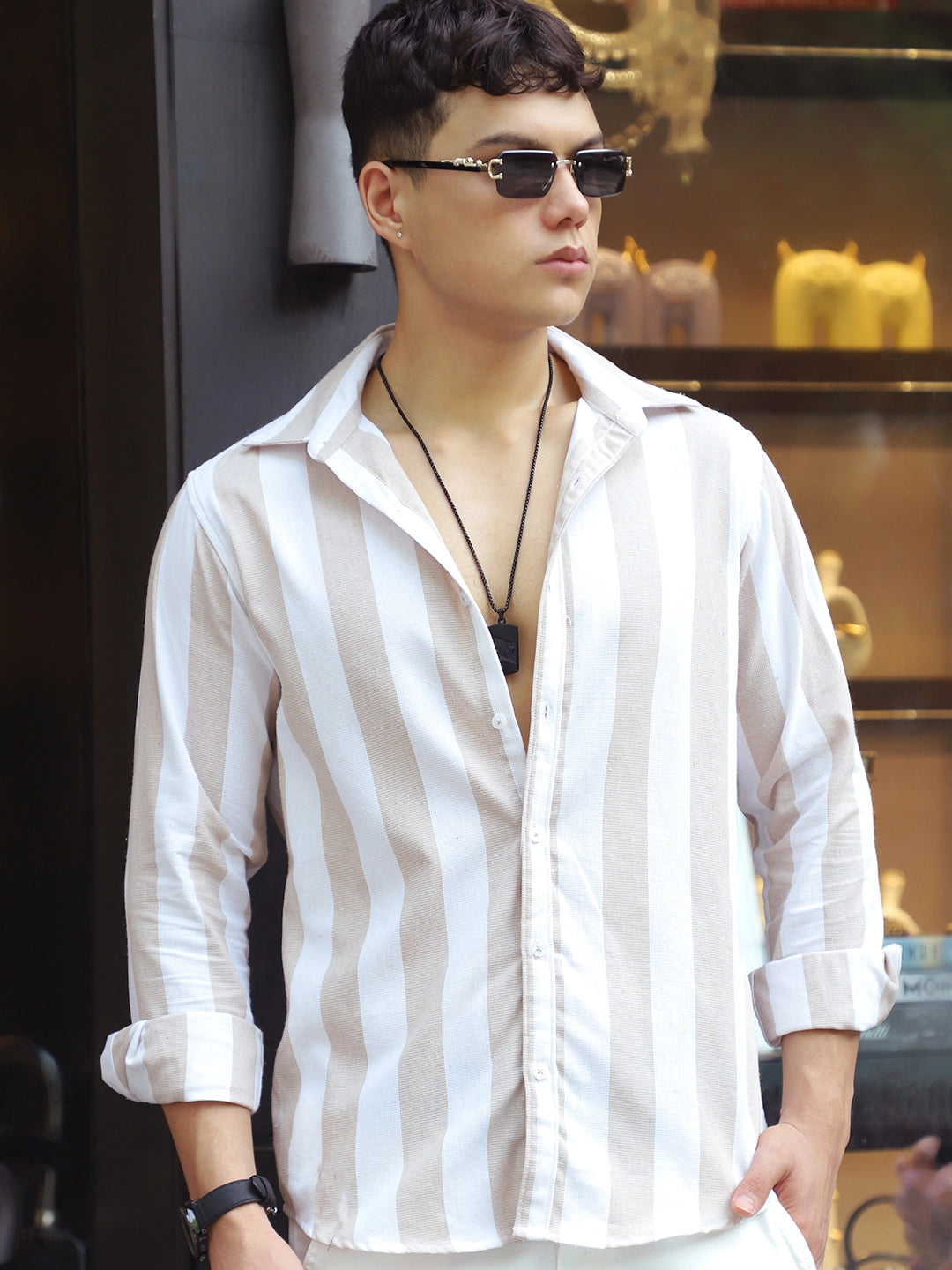 Oaken Espresso Brown Stripe Linen Shirt