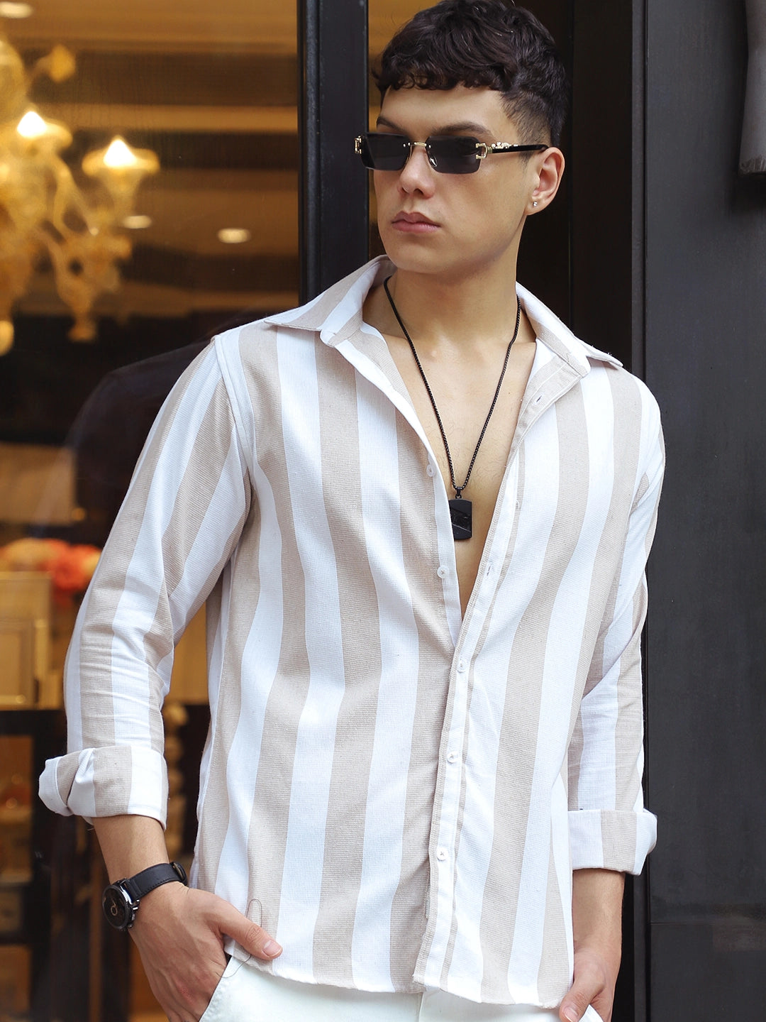 Oaken Espresso Brown Stripe Linen Shirt