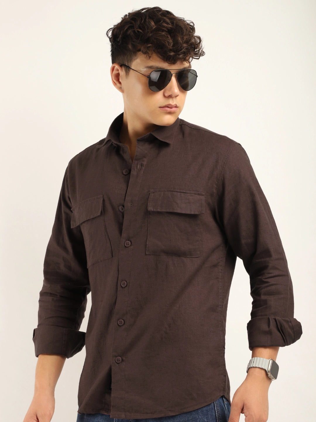 Fabric Santiago Linen Brown Full Sleeve Shirt