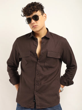 Fabric Santiago Linen Brown Full Sleeve Shirt