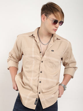 George Draying Washed Beige Check Full Sleeve Shirt