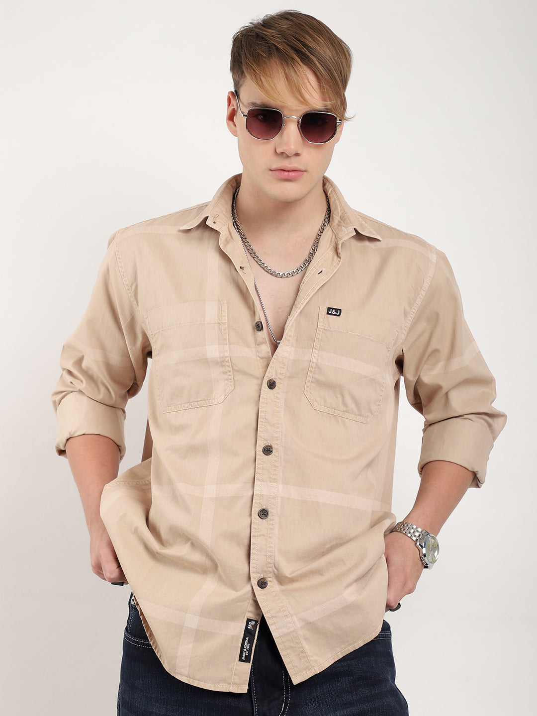 George Draying Washed Beige Check Full Sleeve Shirt