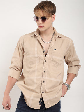 George Draying Washed Beige Check Full Sleeve Shirt