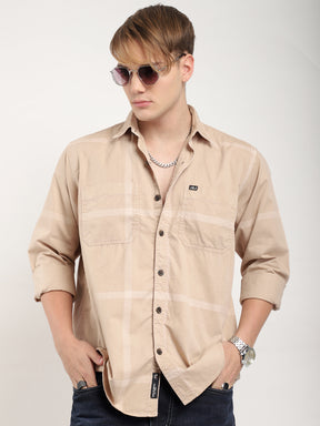 George Draying Washed Beige Check Full Sleeve Shirt