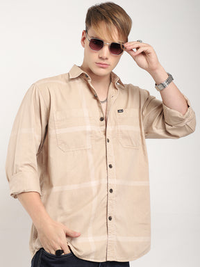 George Draying Washed Beige Check Full Sleeve Shirt