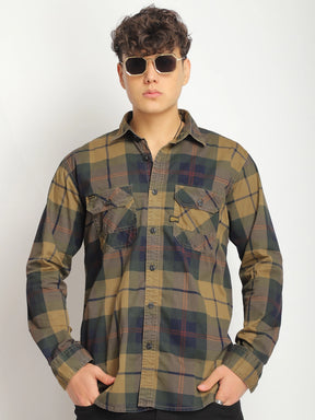 Luxe Link Washed Check Khaki Full Sleeve Shirt