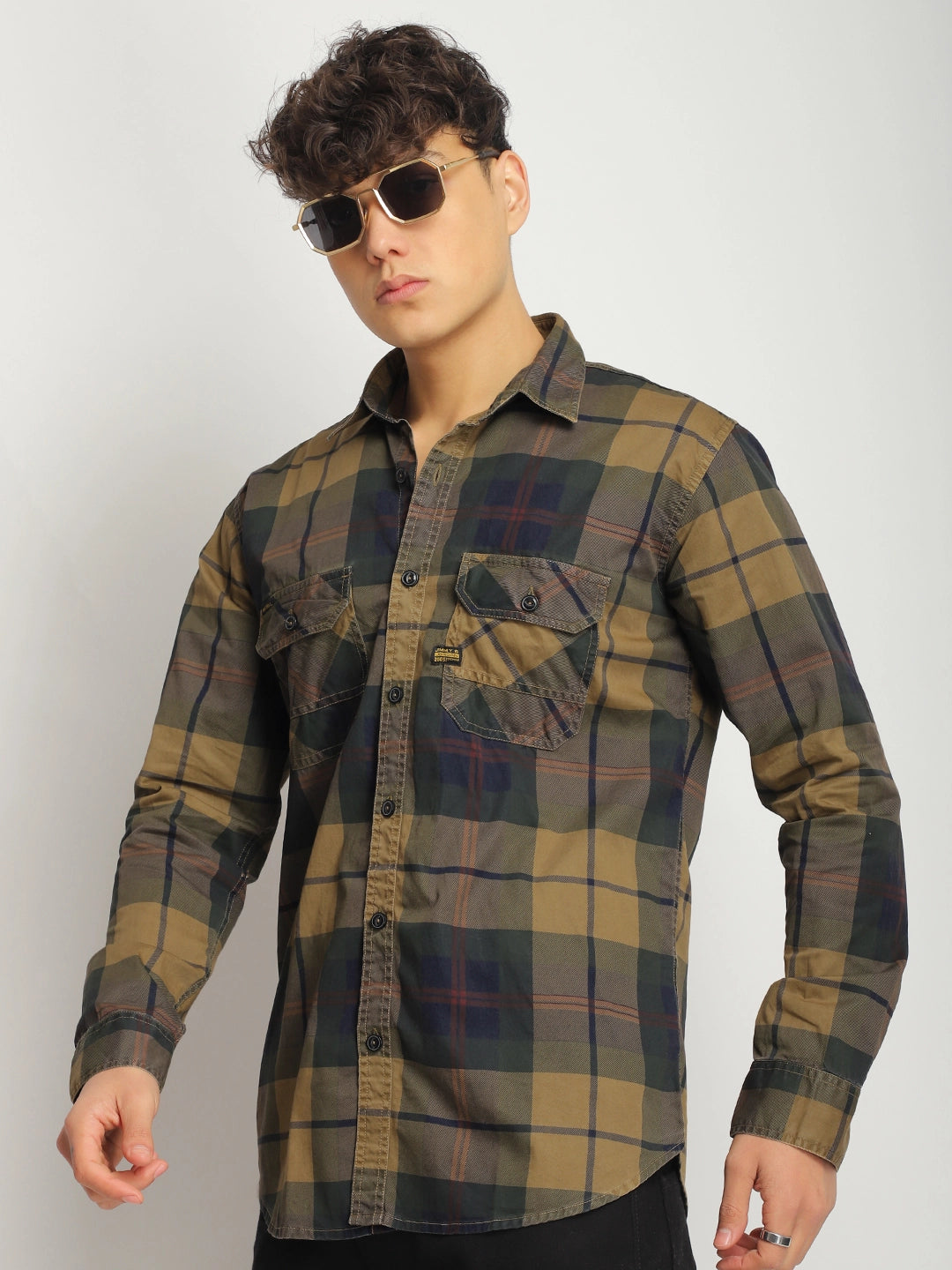 Luxe Link Washed Check Khaki Full Sleeve Shirt