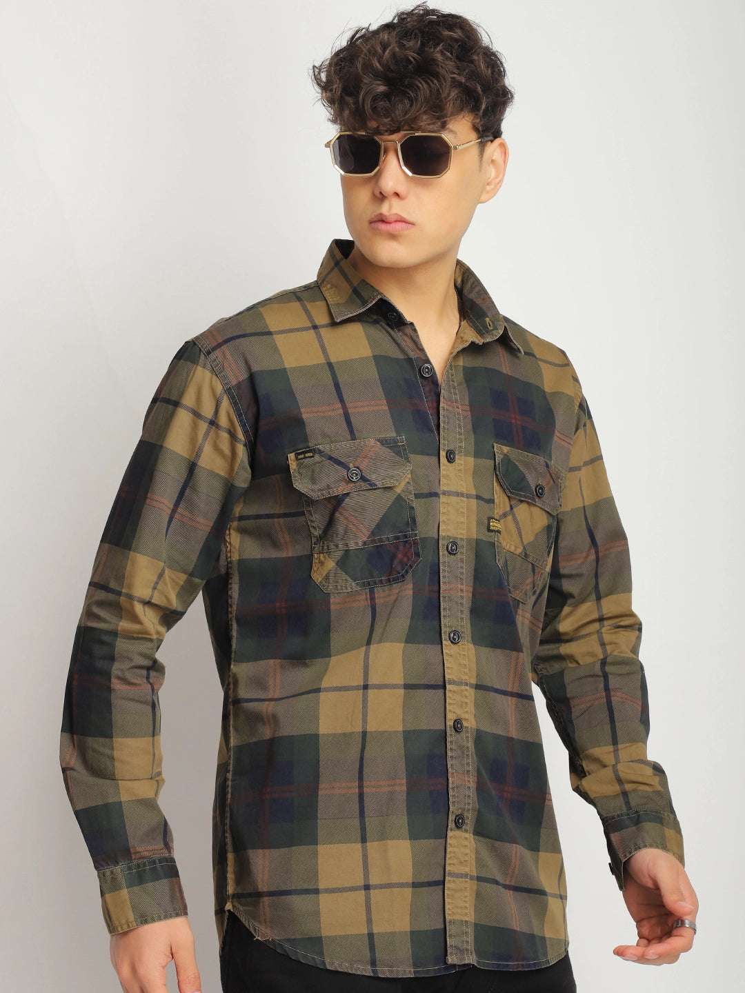 Luxe Link Washed Check Khaki Full Sleeve Shirt