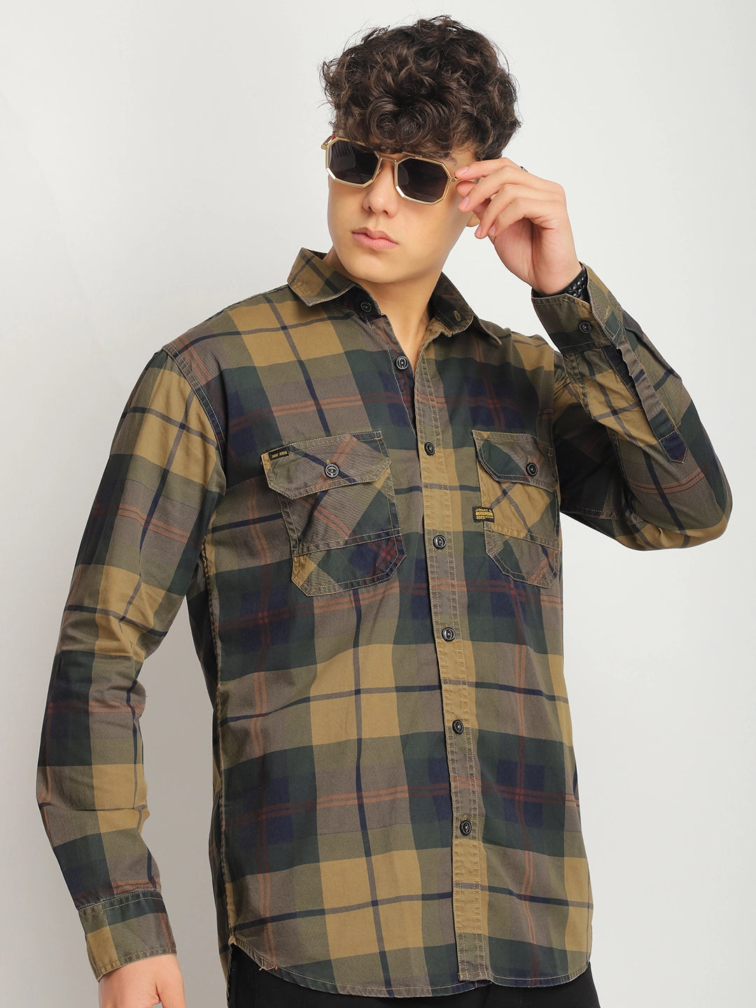 Luxe Link Washed Check Khaki Full Sleeve Shirt