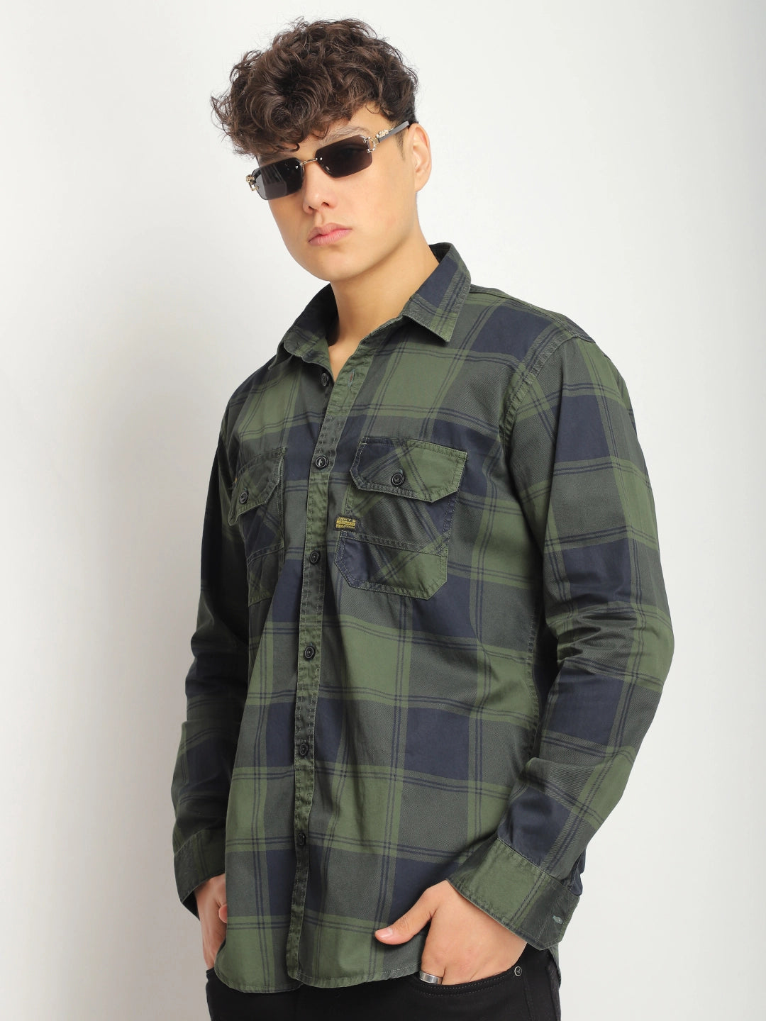 Pure Thread Military Green Full Sleeve Check Shirt