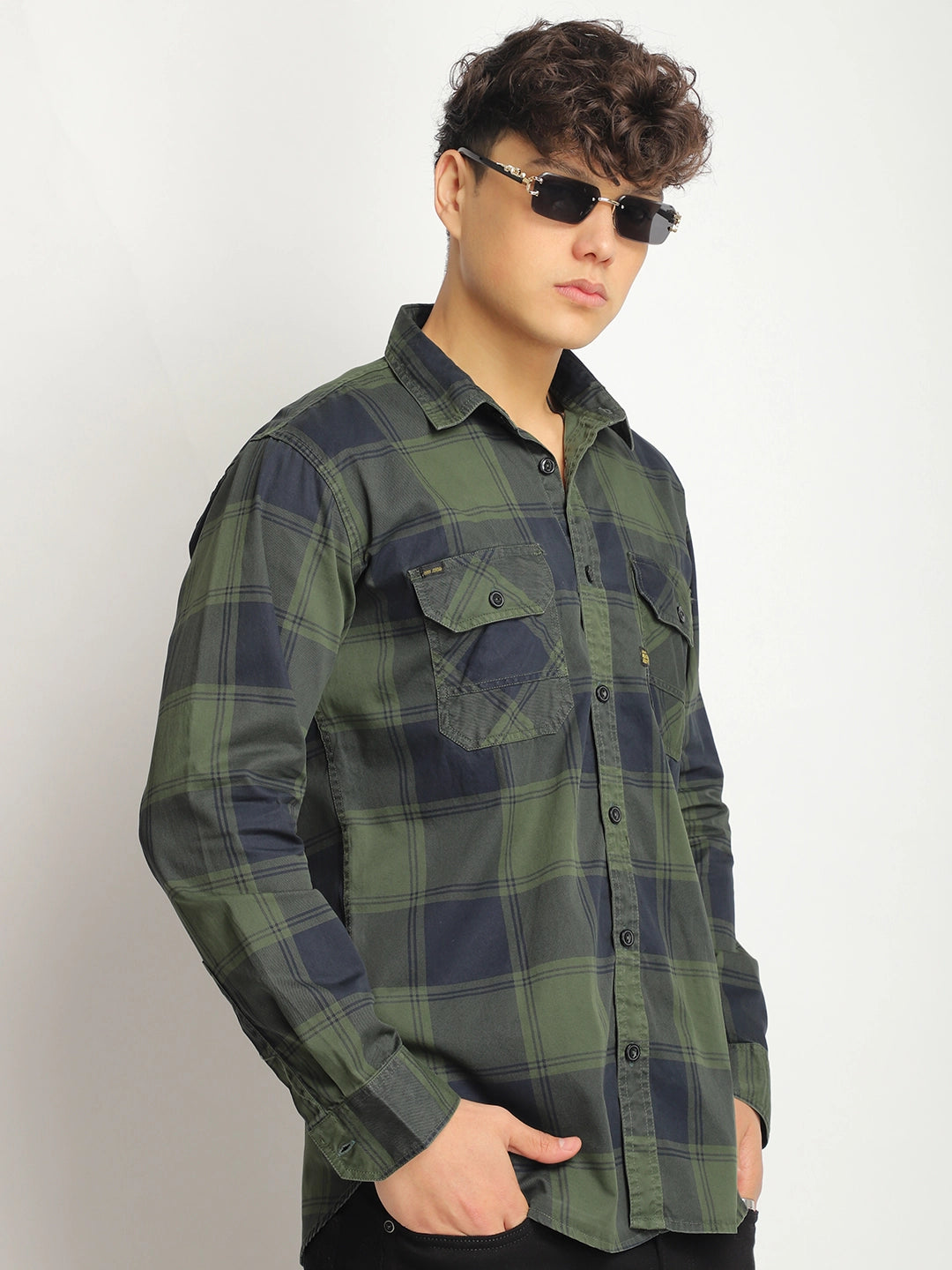 Pure Thread Military Green Full Sleeve Check Shirt