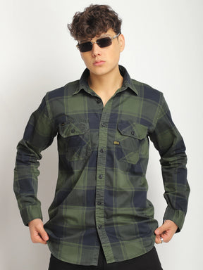 Pure Thread Military Green Full Sleeve Check Shirt