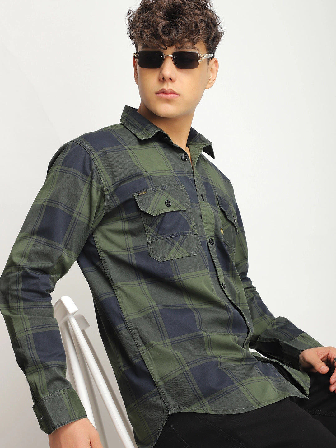 Pure Thread Military Green Full Sleeve Check Shirt