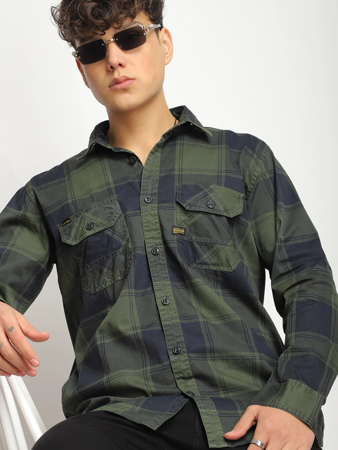 Pure Thread Military Green Full Sleeve Check Shirt