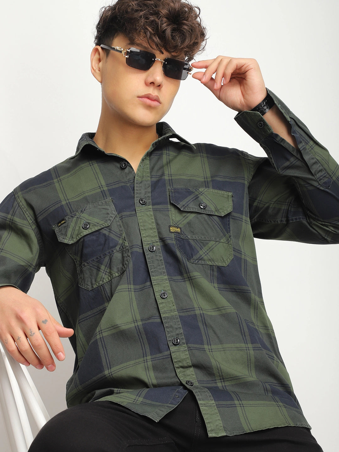 Pure Thread Military Green Full Sleeve Check Shirt