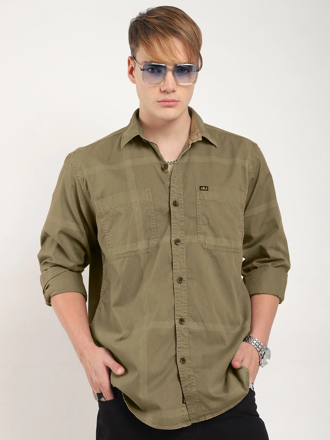 George Draying Washed Khaki Check Full Sleeve Shirt