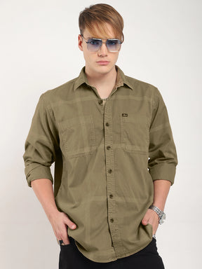 George Draying Washed Khaki Check Full Sleeve Shirt