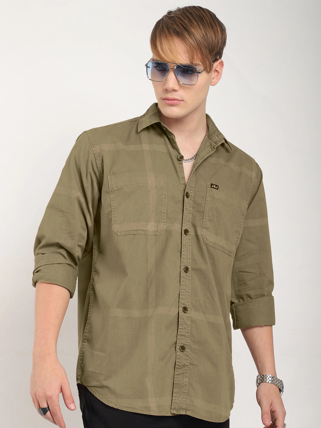 George Draying Washed Khaki Check Full Sleeve Shirt