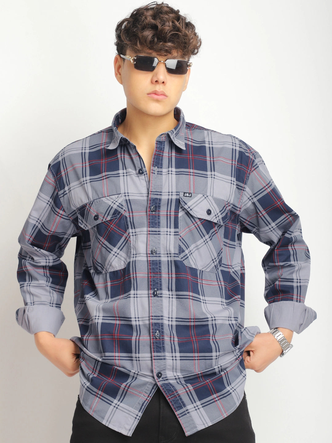 Bold Weave Washed Check Grey & Red Full Sleeve Shirt