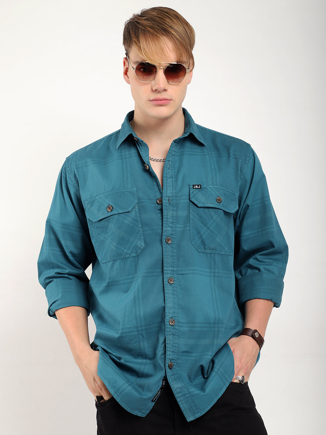 Scarlet Draying Washed Teal Check Full Sleeve Shirt