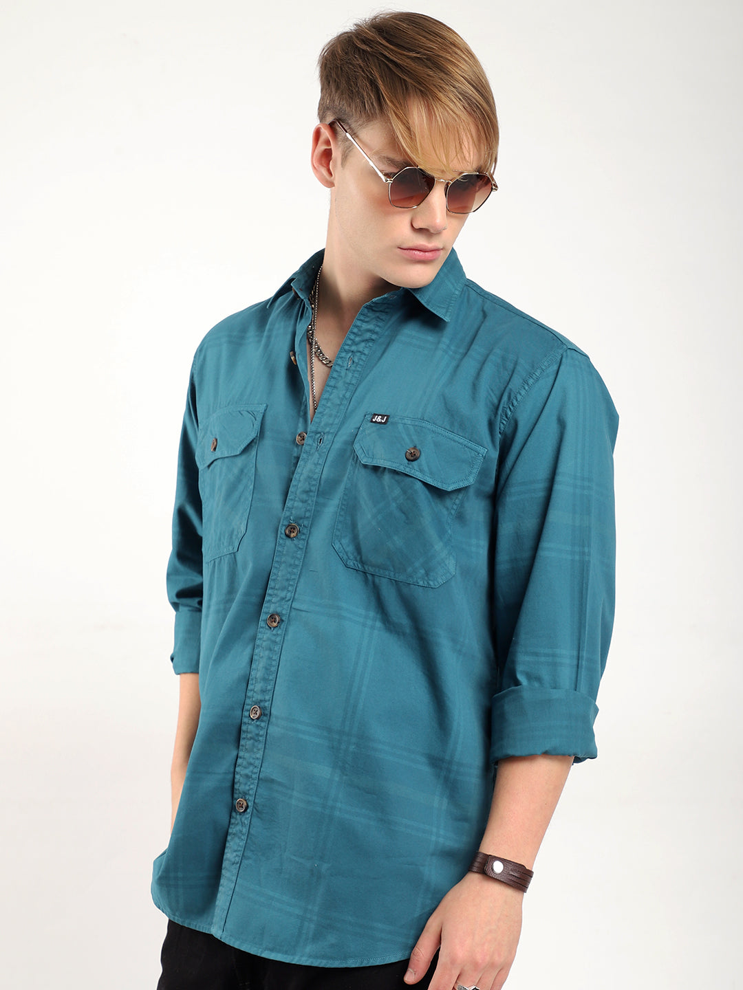 Scarlet Draying Washed Teal Check Full Sleeve Shirt