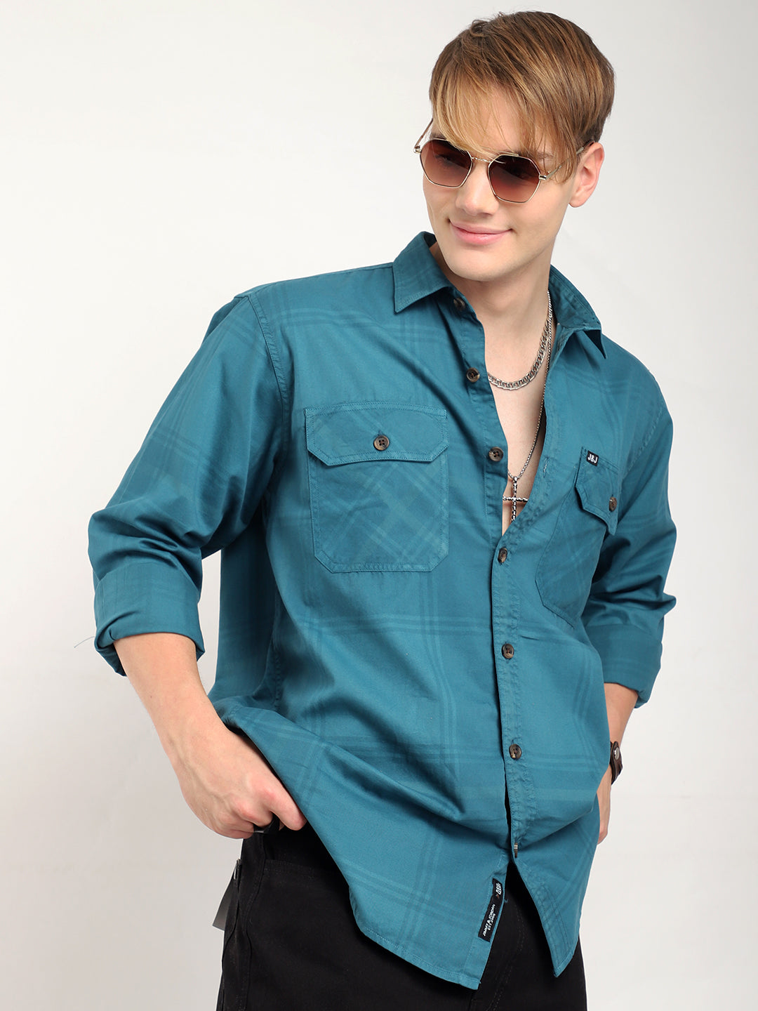Scarlet Draying Washed Teal Check Full Sleeve Shirt
