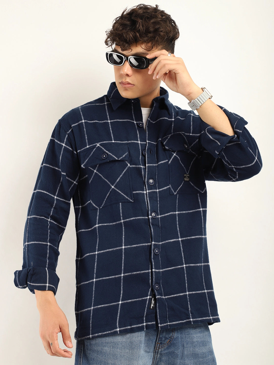 Fabric Bianca Checked Navy Full Sleeve Shirt