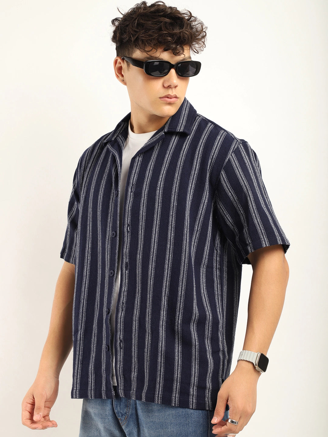 Blue Jute Knitted Stripe Half Sleeve Shirt