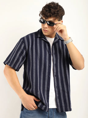 Blue Jute Knitted Stripe Half Sleeve Shirt