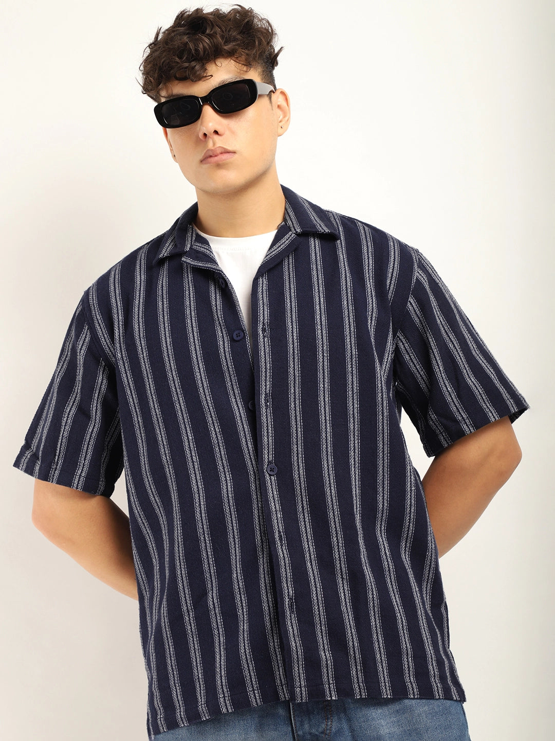 Blue Jute Knitted Stripe Half Sleeve Shirt