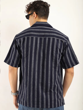 Blue Jute Knitted Stripe Half Sleeve Shirt