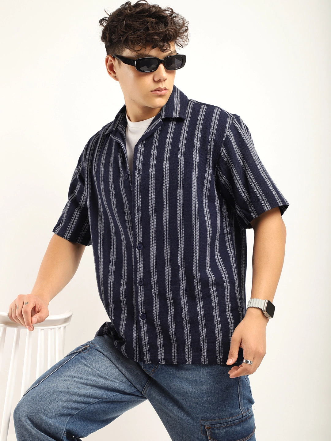 Blue Jute Knitted Stripe Half Sleeve Shirt