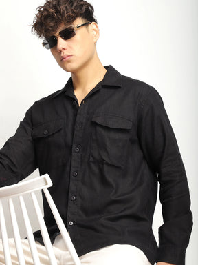 Alexei Linen Black Full Sleeve Shirt