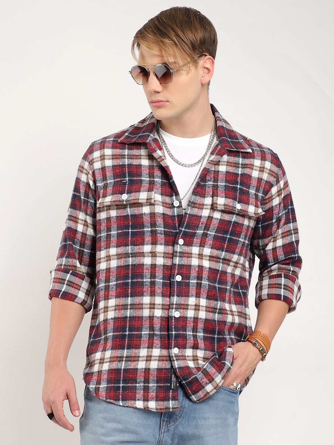 Streetwear Twill Flannel Check Navy & Red Double Pocket Shirt