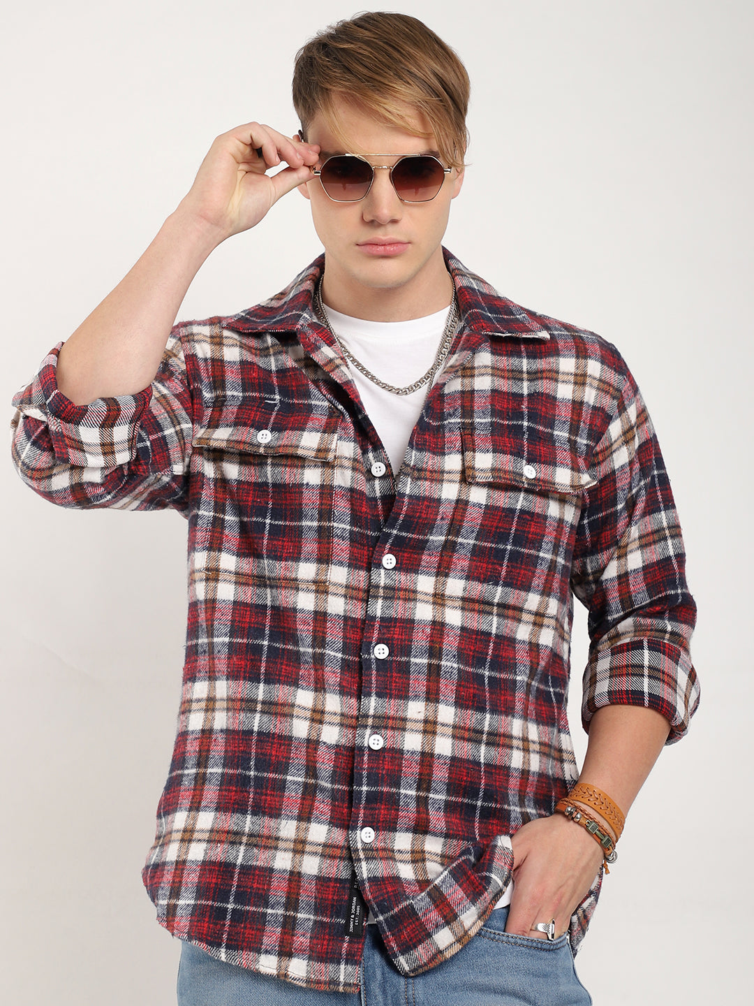 Streetwear Twill Flannel Check Navy & Red Double Pocket Shirt