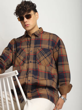 Luxe Link Washed Check Rust Full Sleeve Shirt