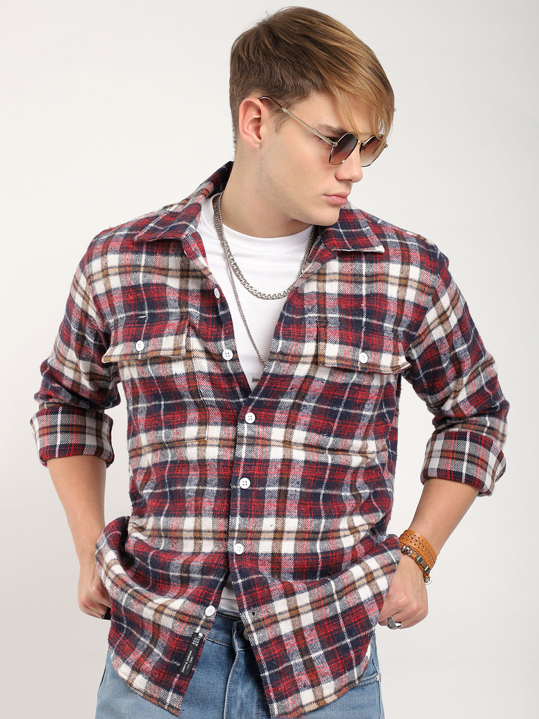 Streetwear Twill Flannel Check Navy & Red Double Pocket Shirt