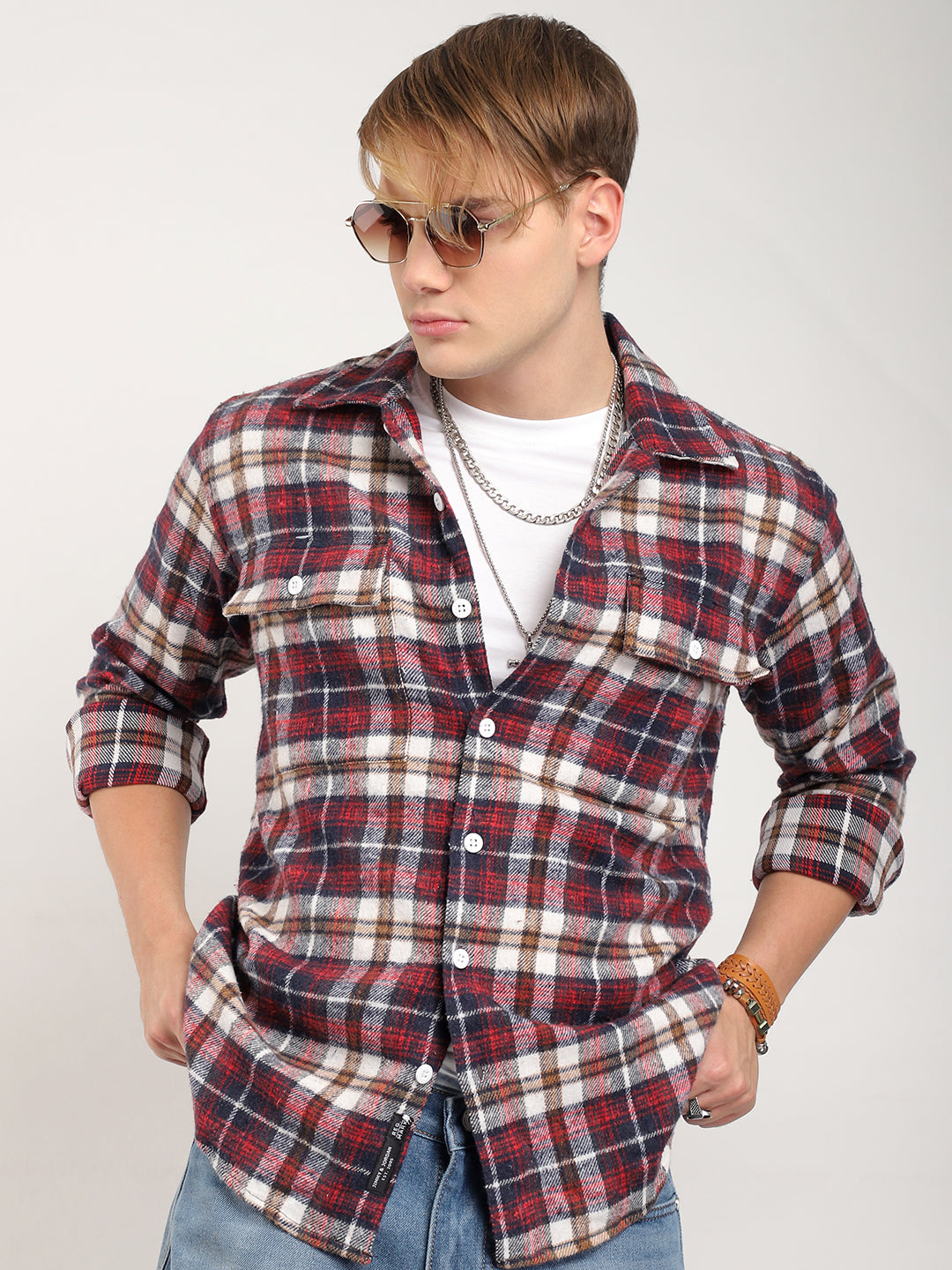 Streetwear Twill Flannel Check Navy & Red Double Pocket Shirt